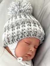 Brand New hand made crochet baby hat ,grey and white with pom pom for 3-6 months