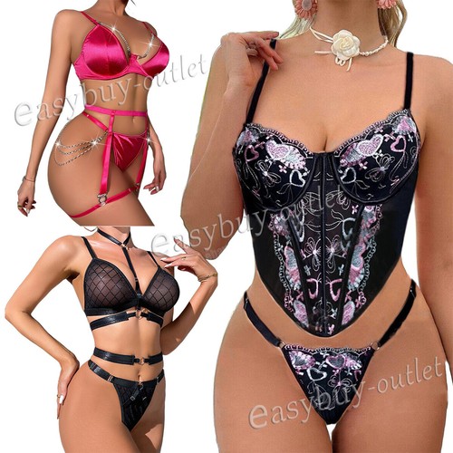 Damen Sexy Dessous BH Tanga Set Babydoll Teddy Pyjama Unterwäsche Nachtwäsche USA