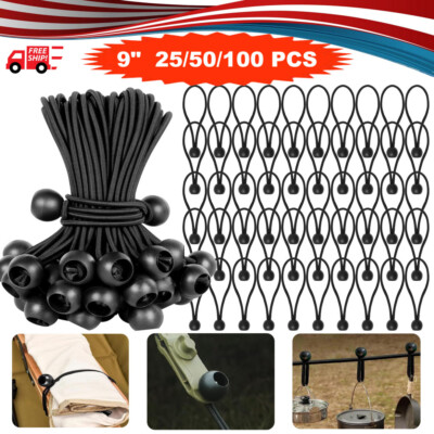 9'' 25/50/100 Pcs Black Ball Bungee Bungie Cord Canopy Tarp Tie Downs Straps US
