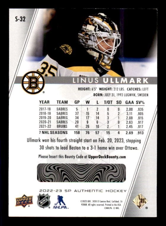 2022-23 SP Authentic Spectrum Fx #S32 Linus Ullmark Unscratched - Image 2 of 2