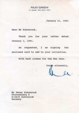 INDIAN POLITICIAN Rajiv Gandhi autograph, typed letter signed & mounted