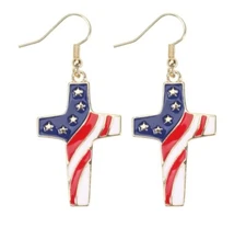Patriotic Red White Blue American USA Flag Christian Cross Dangle Drop Earrings