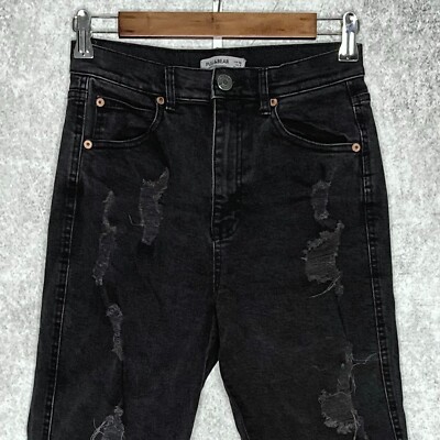 Pull&Bear womens distressed high rise boyfriend jeans size 6 stretch faded black