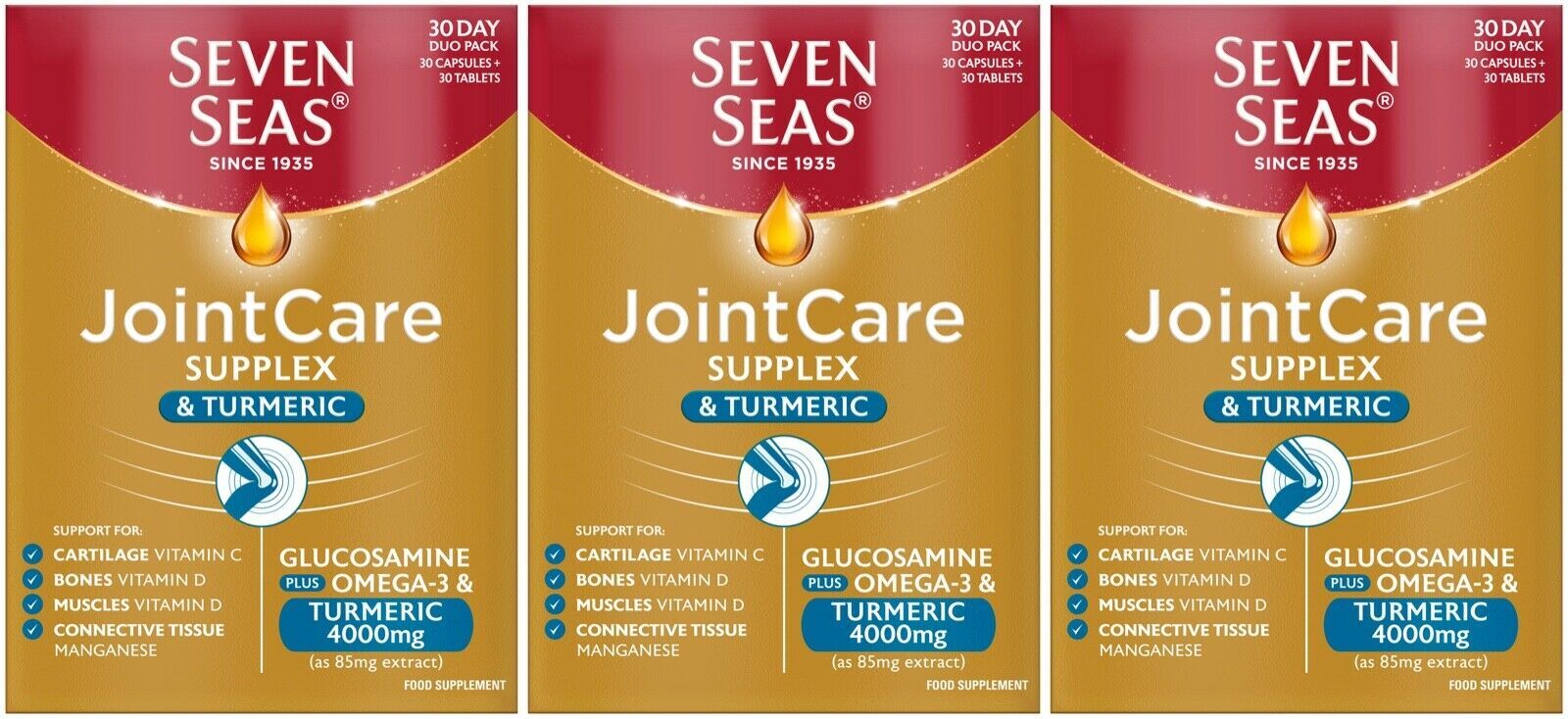 3 x Seven Seas Joint Care Supplex Turmeric Glucosamine & Omega3, 30