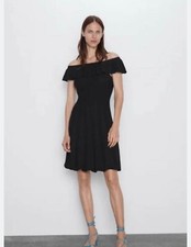 Nwt Zara Woman Ruffled Wave Knit Sweater off shoulder mini dress black small S