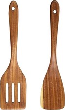 2 Pcs Wooden Spatula Set Acacia Wood Solid  Slotted Non-Stick Cooking Utensils