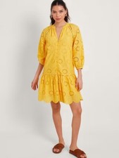 Monsoon New Tilly Short Dress Yellow Broderie Button Through Lace Cotton M 12-14