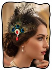 1920s Peacock Feather Fascinator Hair Clip with Red Crystal Rhinestone,Black