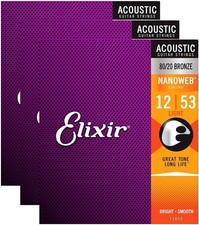  3 SETS ELIXIR 11052 80/20 BRONZE NANOWEB ACOUSTIC GUITAR STRINGS LIGHT 12-53 