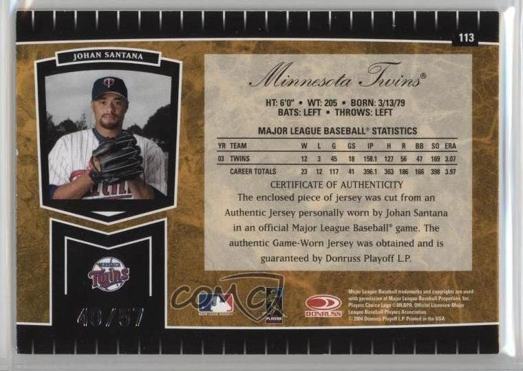 2004 Leaf Certified Cuts /57 Johan Santana #113 Auto - Image 2 of 2