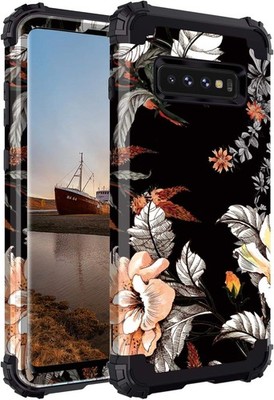 for Galaxy S10 Case Floral Three Layer Heavy Duty Hybrid Orange Flower/Black