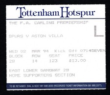 Tottenham Hotspur v Aston Villa 1993-1994 Premier League Ticket 02/03/1994