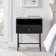Black Night Stand 19" Bedroom Bedside Table, Mid Century Modern Small Nightst...