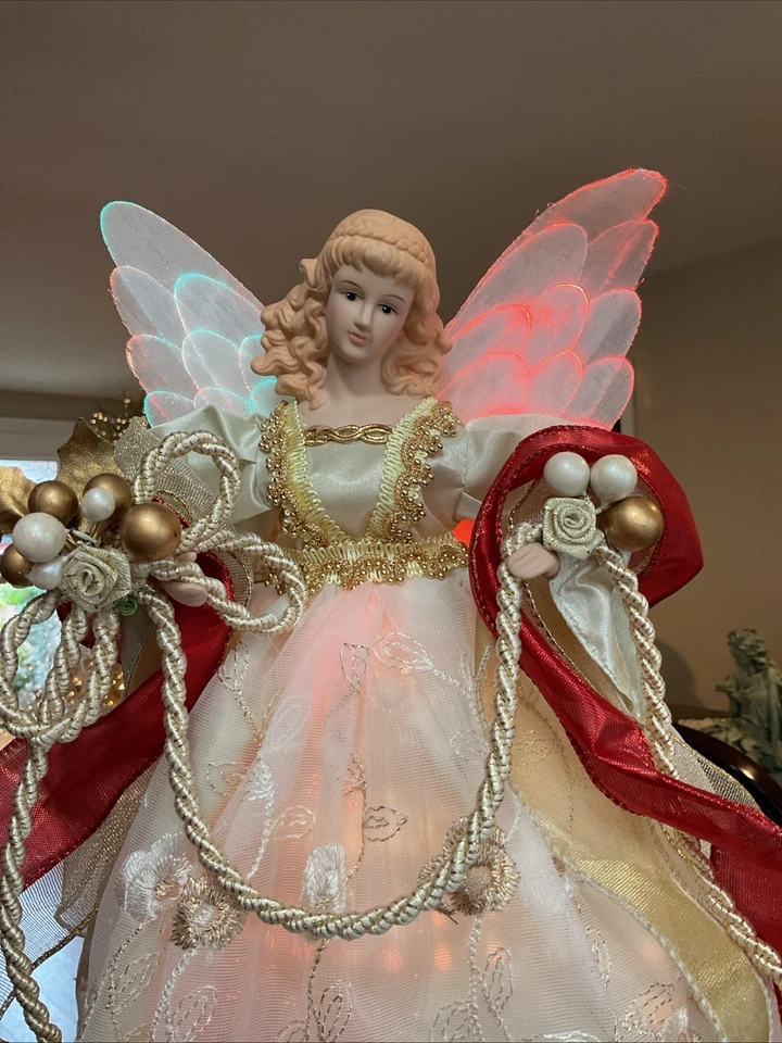 Christmas Angel Tree Topper 光纤变色点亮 15 英寸高象牙白 — 第 2/4 张图片