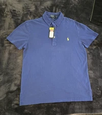 Polo Ralph Lauren Polo Shirt Mens M Blue Solid Embroidered Casual Featherw Mesh