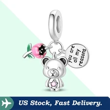 KUNSIR 925 Sterling Silver Flower & Bear Charm For Bracelet Pendant DIY Charm
