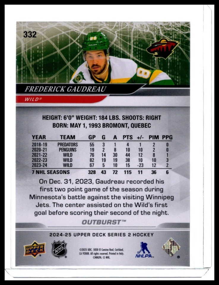 Frederick Gaudreau 2024-25 Upper Deck Series 2 Outburst Parallel Card #332 - Image 2 of 2