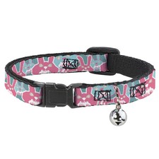 Cat Collar Breakaway with Bell Angry Bunnies Turquoise/Pinks NARROW Fits 8.5-12"