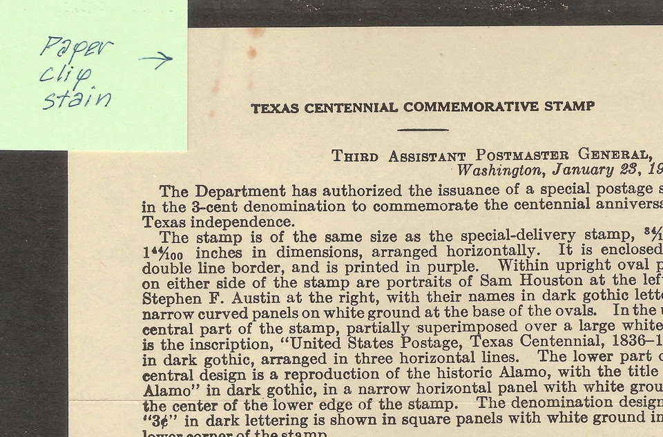 Scott #776 1936 3c Texas Centennial Post Office New Stamp Announcement Letter - Image 2 of 2