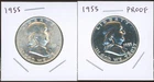 Lot of (2) Coins - 90% Silver Franklin Half Dollars: 1955 MS + Proof!
