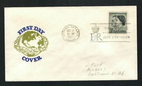 Canada #374, 1957 5¢ Royalty Van Dahl cachet FDC VF