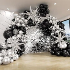 FOTIOMRG Black and Silver Balloons Garland Arch Kit with 3pcs Star Balloon Me...