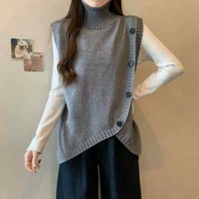 Women Knit Vest Irregular Sleeveless Sweater Waistcoat Decorative Button
