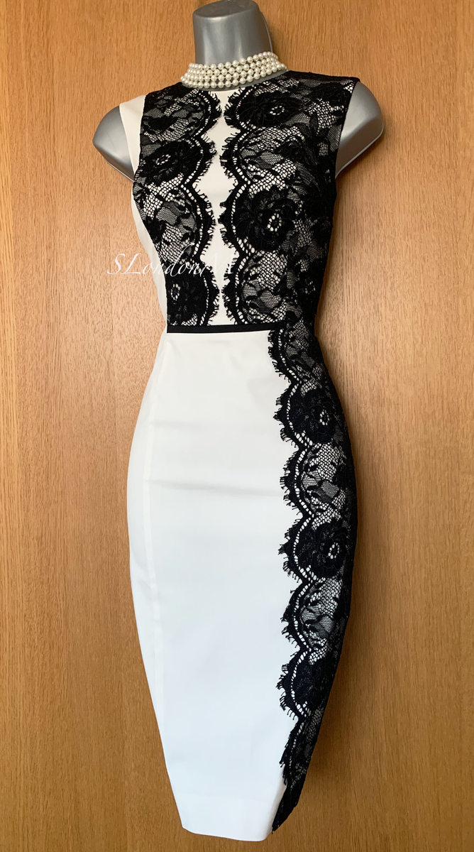 KAREN MILLEN UK 12 White Cotton Black Lace Elegant Occasion Shift Dress  DS087 | eBay