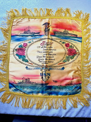 Vintage 1940's U.S. Navy Satin Fringe Souvenir Pillow Case 