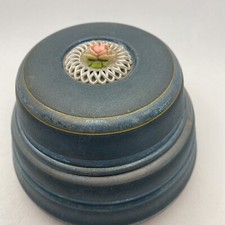Antique Blue Vintage Music Box Aluminum Metal Powder Trinket Rose Top