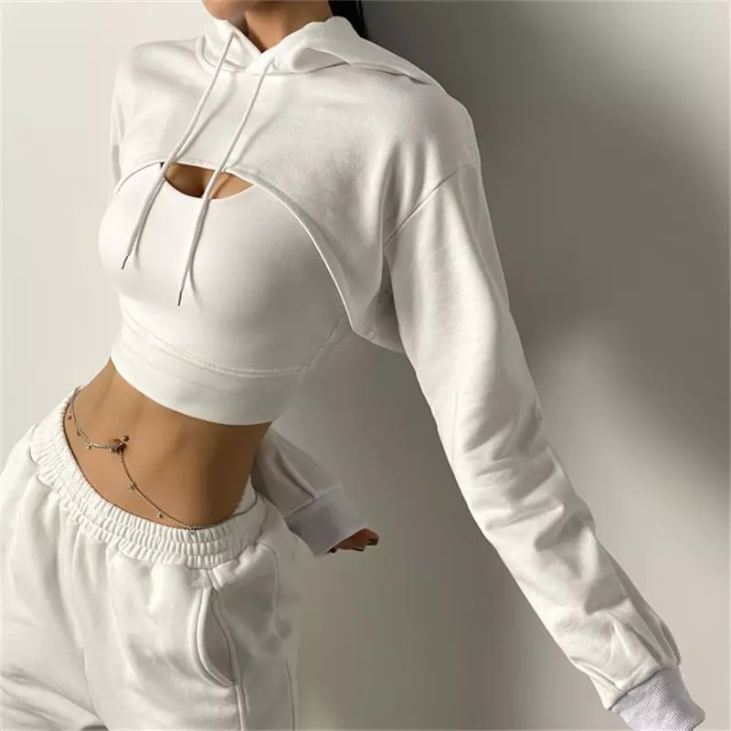 Women Long Sleeve Loose Short Crop Top Hoodie Solid Hooded Pullover Workout Tops