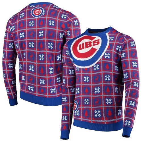Chicago Cubs Men's Sweater Large Blue Red Christmas Ugly Knit Logo