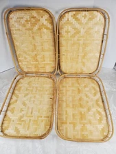 SET OF 4 Rattan Bamboo Wicker Tiki Lap TV Serving Platter Tray 19x13 Vintage