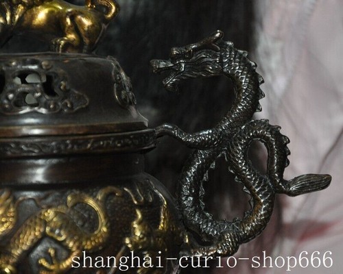 10"old China Ancient bronze Lion beast dragon loong statue Incense burner Censer - Picture 4 of 11