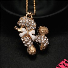 New Fashion Women White Bowknot Dog Puppy Crystal Pendant Chain Necklace Gift