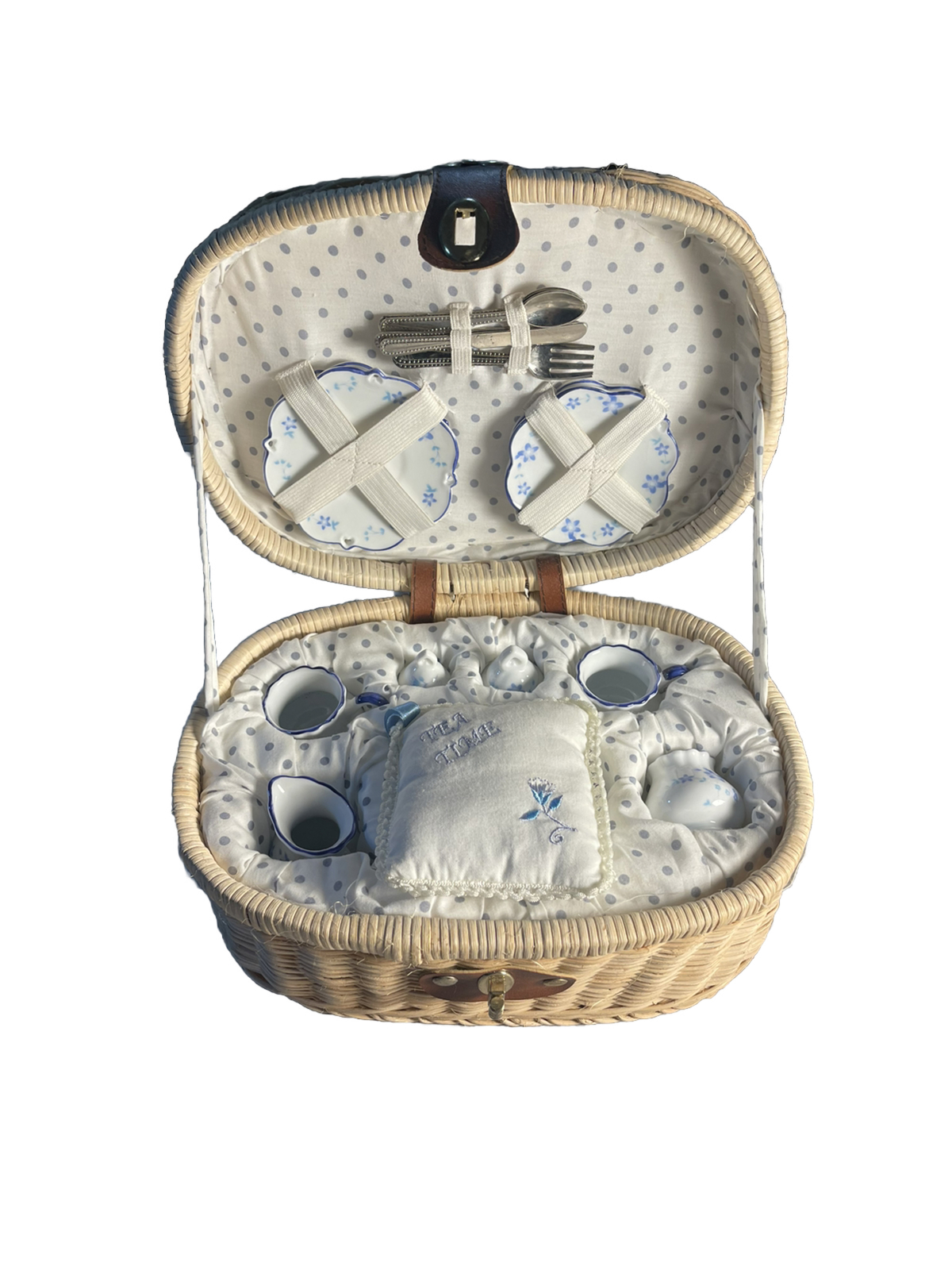 VTG DELTON FINE COLLECTIBLE TEA SET Blue Flowers PATTERN PICNIC BASket