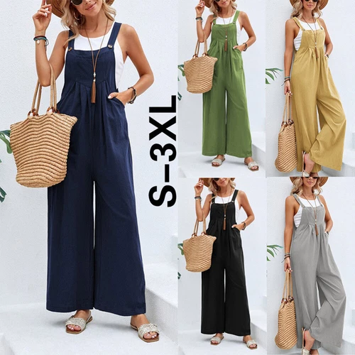 Lässige Damen-Latzhose Overall lockerer Strampler weites Bein Overall Playsuit einfarbig USA - Bild 2 von 30