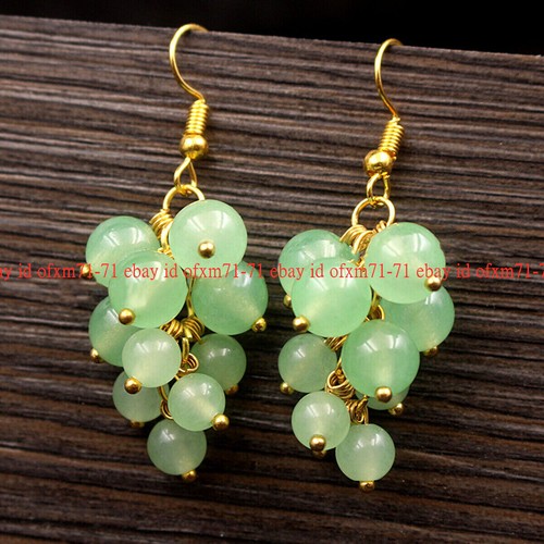 4/6mm Natural Green Aventurine Gems Round Beads Grape Dangle Gold Hook Earrings - Picture 2 of 10