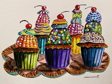 Original Bakery Sketch Cupcakes Food Watercolor Impressionism