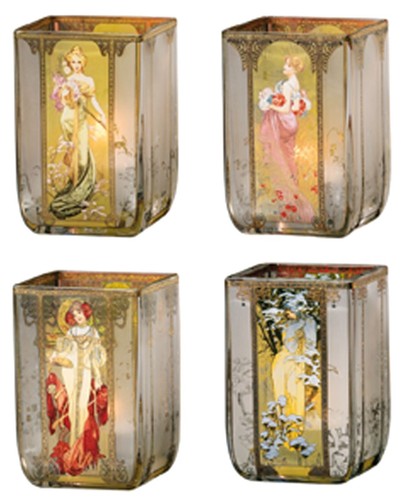 Goebel Artis Orbis 4x Windlicht Teelicht Glas Vier Jahreszeiten 1900 von Mucha - Bild 2 von 6