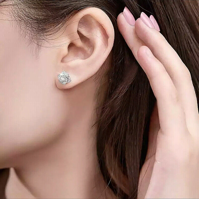 Women Flower Silver Plated Drop Earring Cubic Zircon Wedding Jewelry Gift - Image 2 of 4