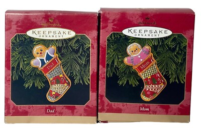 Vintage 1999 Hallmark Ornaments Stocking Gingerbread Man Mom & Dad Pressed Tin