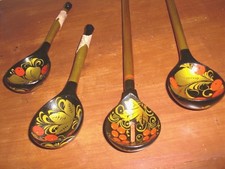 USSR~RUSSIA FOLK ART BOHEMIAN LACQUER~SET OF 4~SPOONS~HAND PAINTED~FOLK VINTAGE