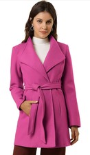 Allegra K Women's Bright Pink Collar Belted Coat Jacket Lined Large