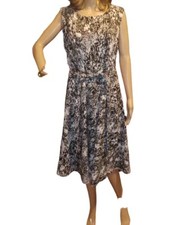 Chaps Ralph Lauren Black White Tie Belt Jacquard Sleeveless Dress 12 Midi