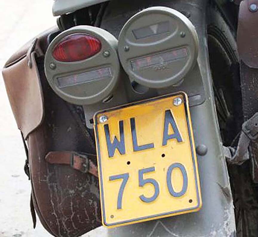 Black out tail lights and brown leather WLA750 plate on 1942-1945 WW2 Harley 45 Military WLA.