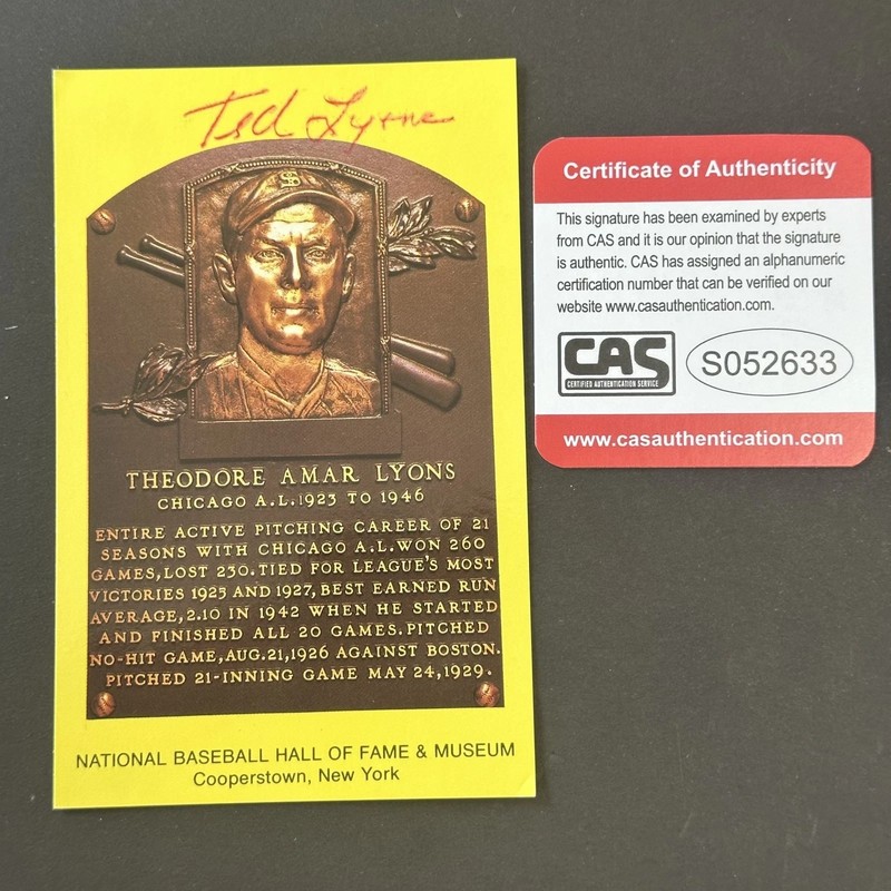 Ted Lyons Autographed Gold HOF Plaque Postcard...CAS Authenticated!!