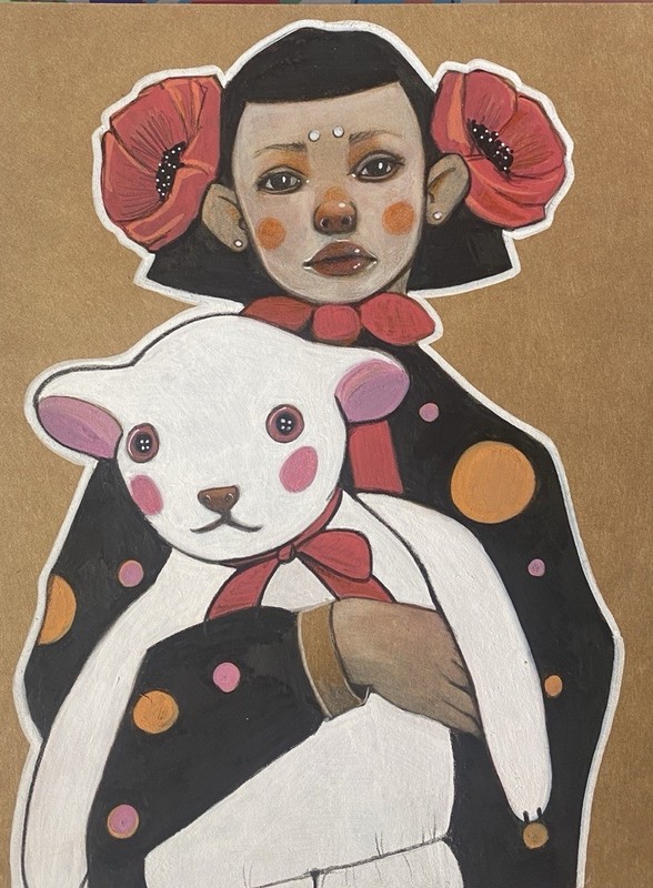Original Drawing woman portrait fantasy Girl lamb  8.5x11
