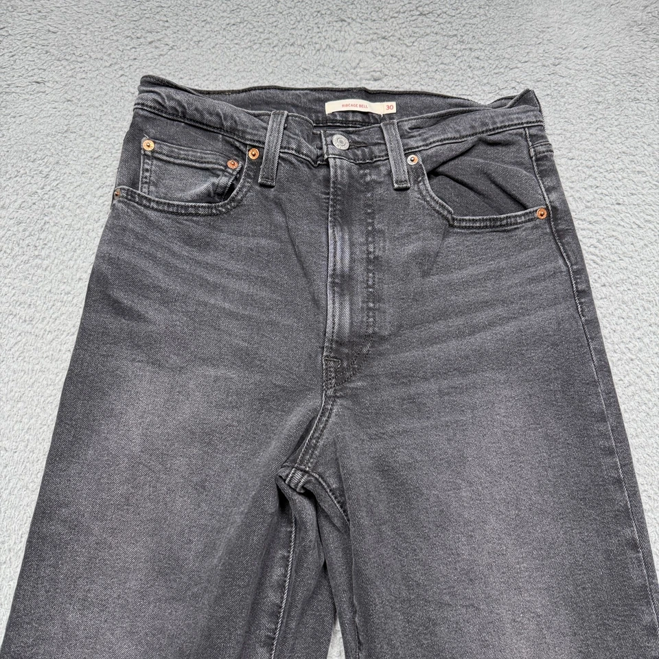 Pantalones de mezclilla Levi's Ribcage Bell para mujer 30 desteñidos negros acampanados tiro alto hippie boho Foto 2 de 4