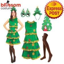 N1868 Ladies Green Christmas Tree Costume Headband Glasses Bag Dress Up